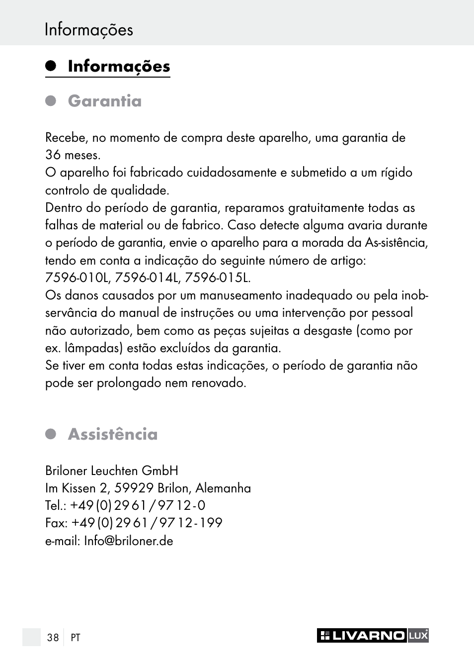 Informações, Garantia, Assistência | Livarno 7596-010L/ -014L/ -015L User Manual | Page 38 / 65