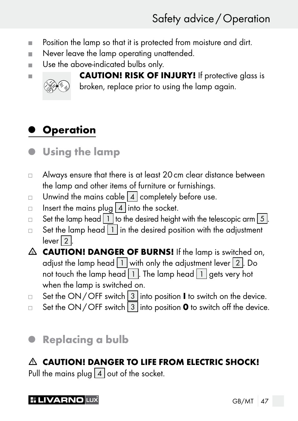 Safety advice / operation, Operation using the lamp, Replacing a bulb | Livarno 7596-010L/ -014L/ -015L User Manual | Page 47 / 65