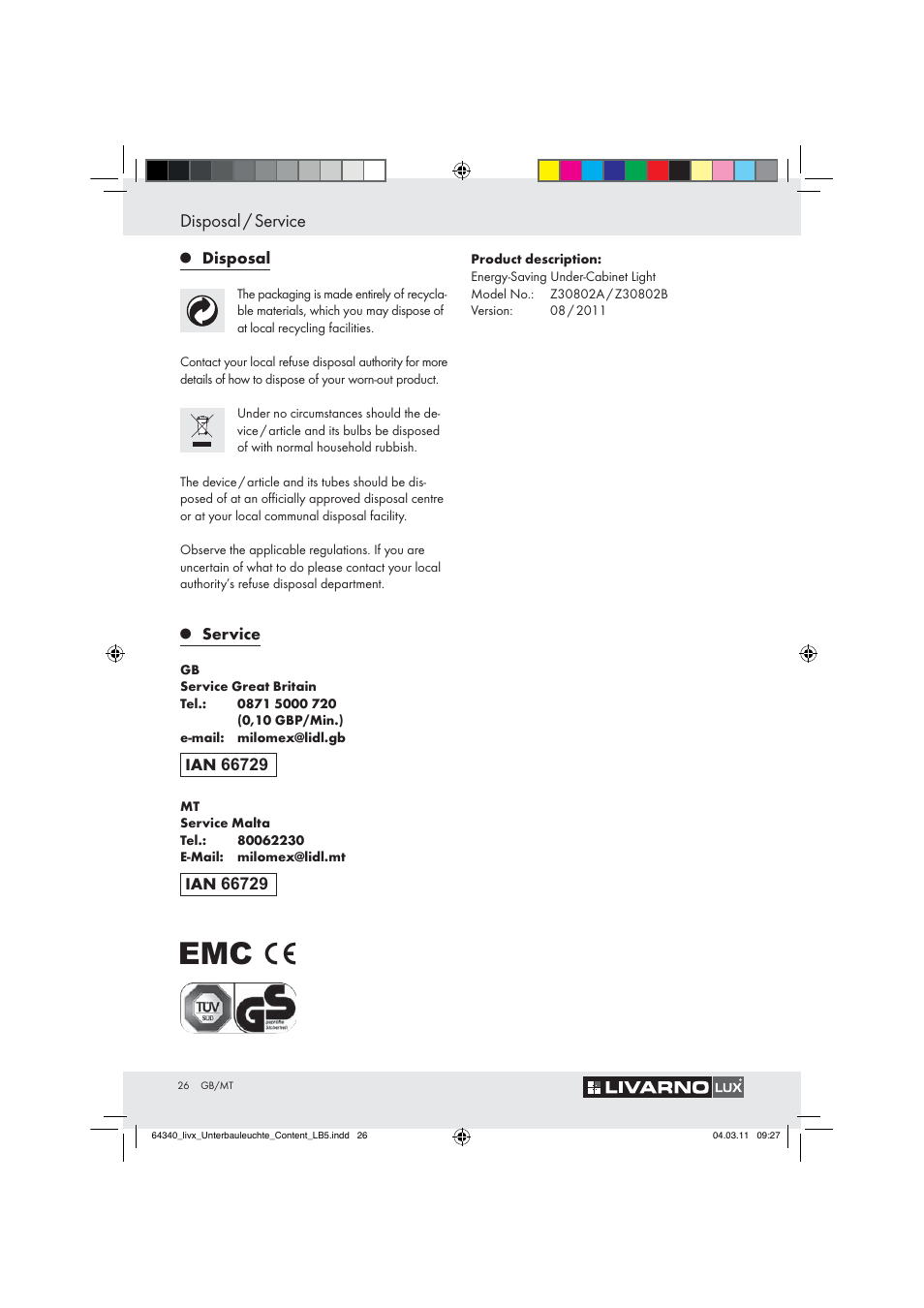 Disposal / service | Livarno Z30802A, Z30802B User Manual | Page 24 / 32