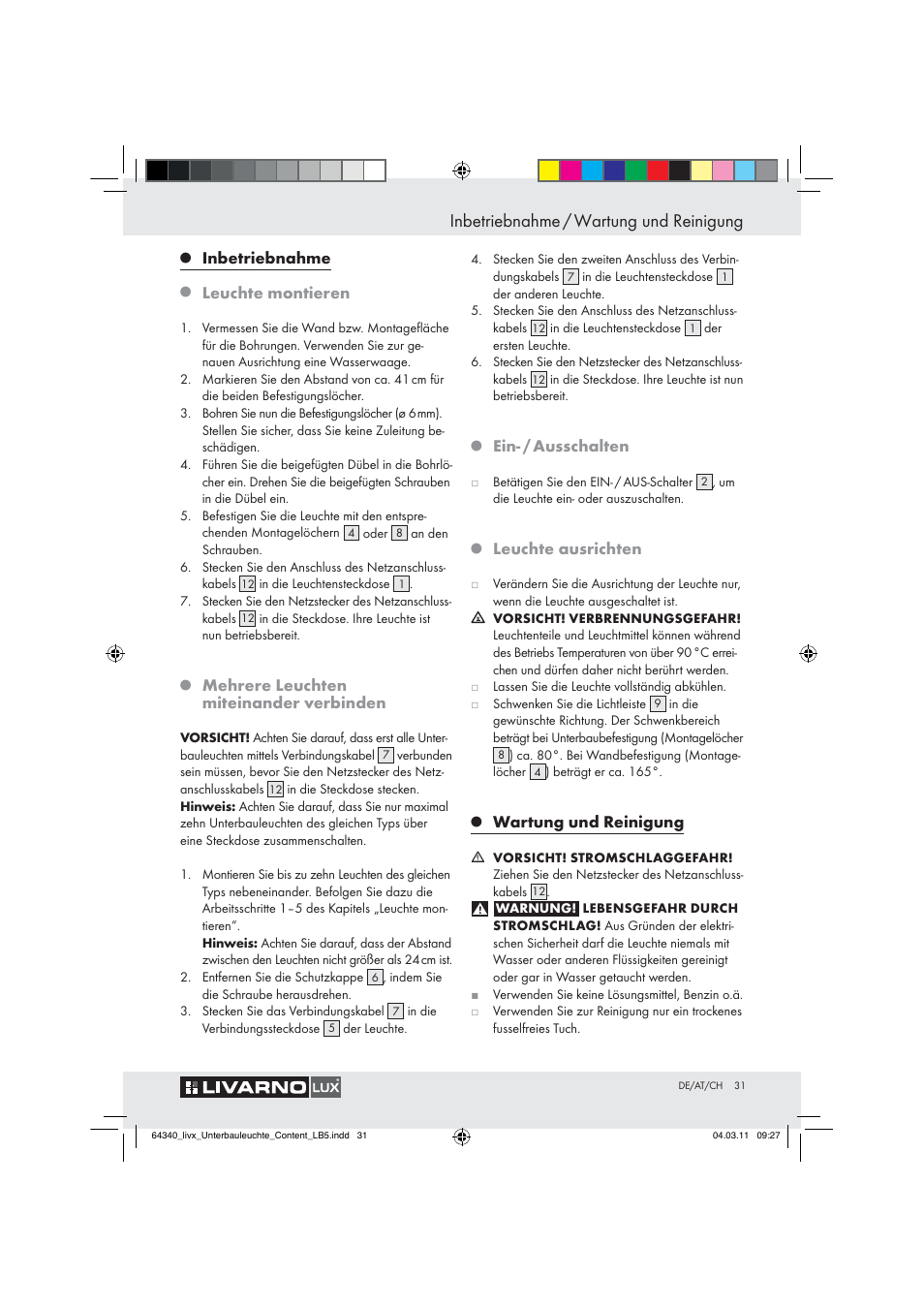 Inbetriebnahme / wartung und reinigung | Livarno Z30802A, Z30802B User Manual | Page 29 / 32