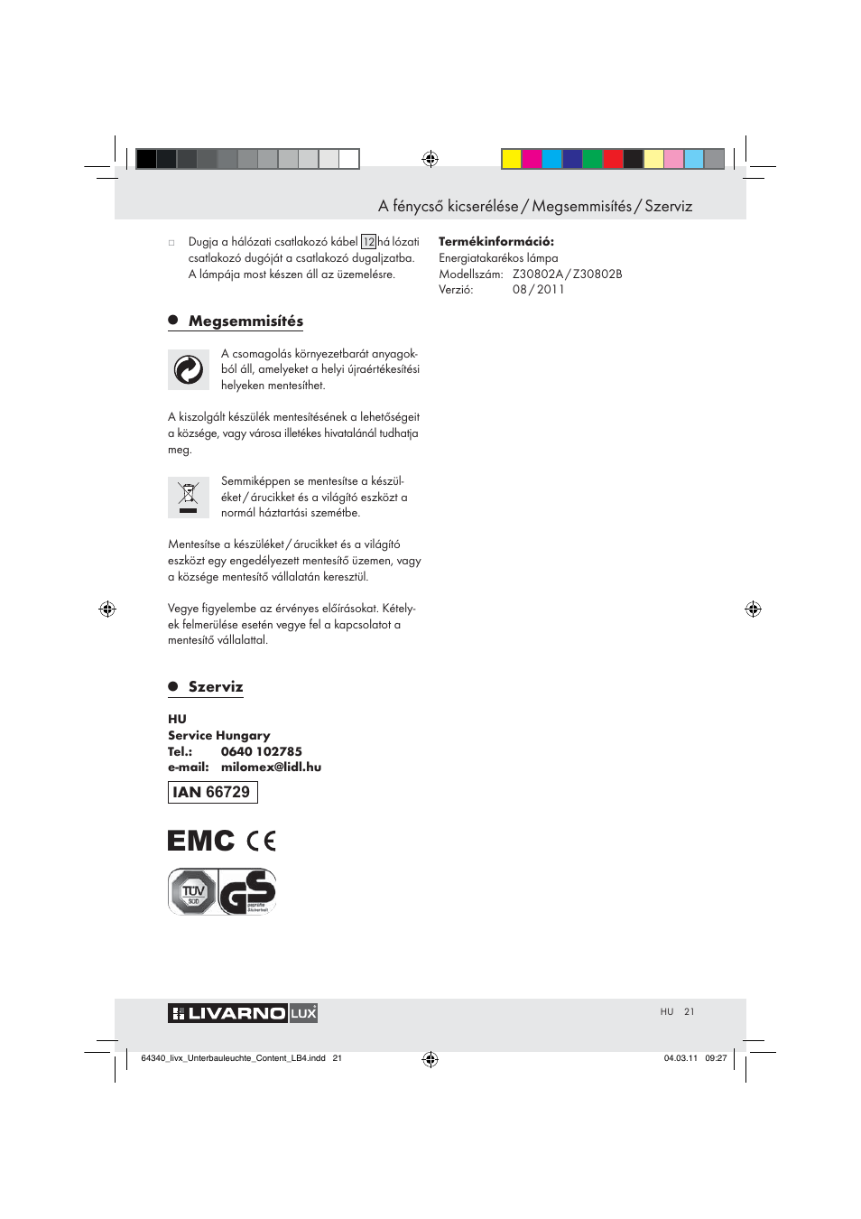 A fénycső kicserélése / megsemmisítés / szerviz | Livarno Z30802A, Z30802B User Manual | Page 19 / 46