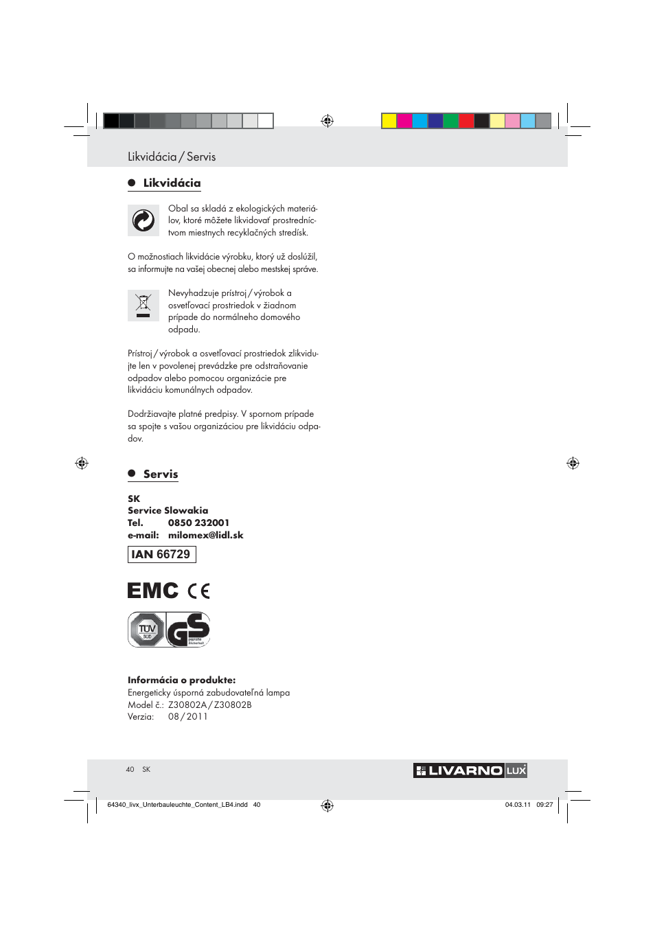 Likvidácia / servis | Livarno Z30802A, Z30802B User Manual | Page 38 / 46