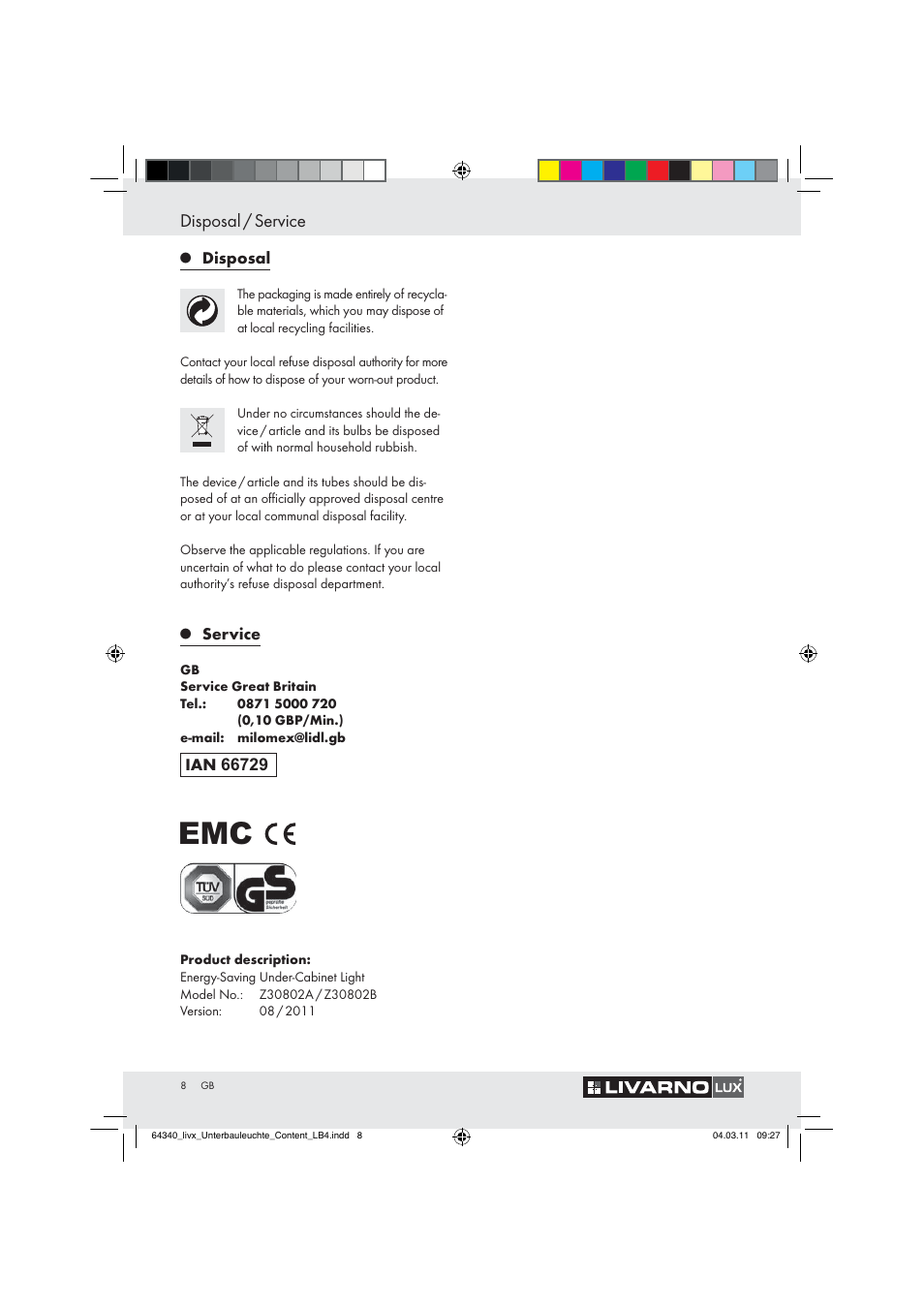 Disposal / service | Livarno Z30802A, Z30802B User Manual | Page 6 / 46
