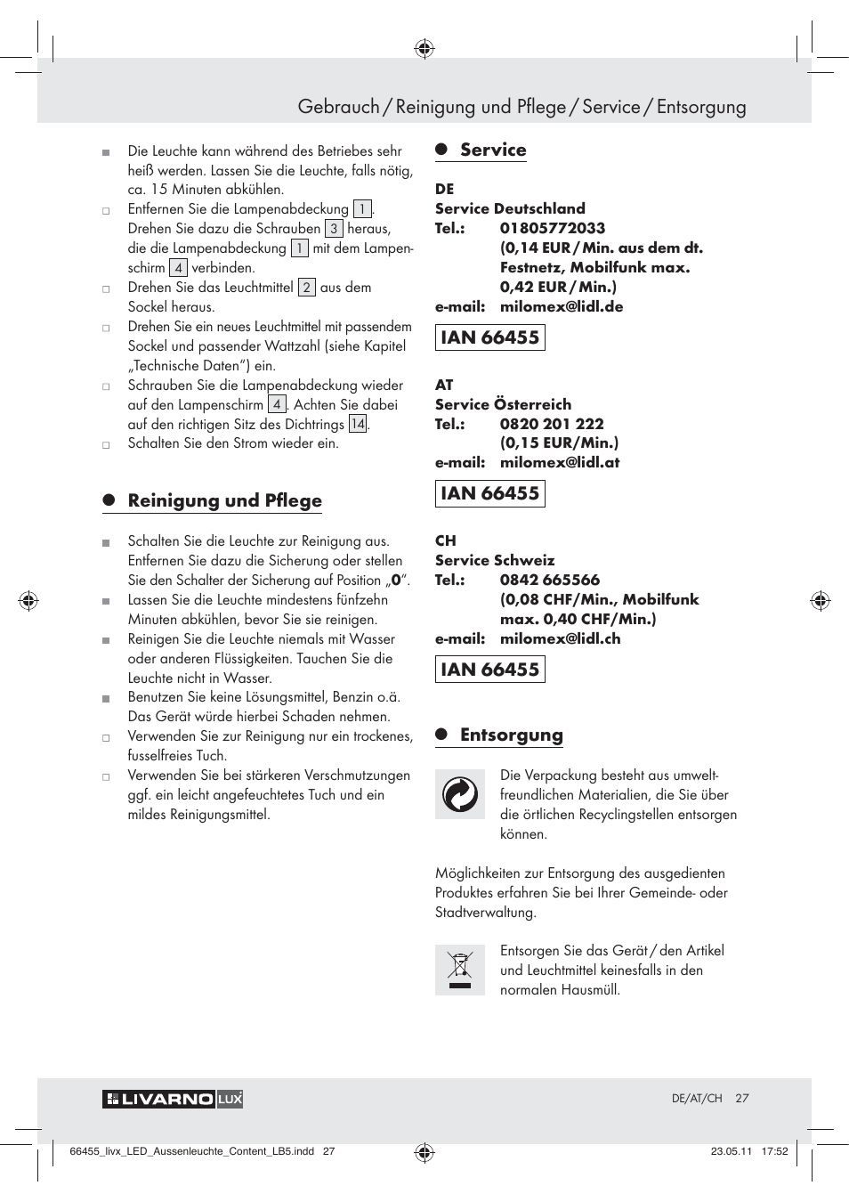 Reinigung und pﬂege, Service, Entsorgung | Livarno Z30314 User Manual | Page 25 / 29