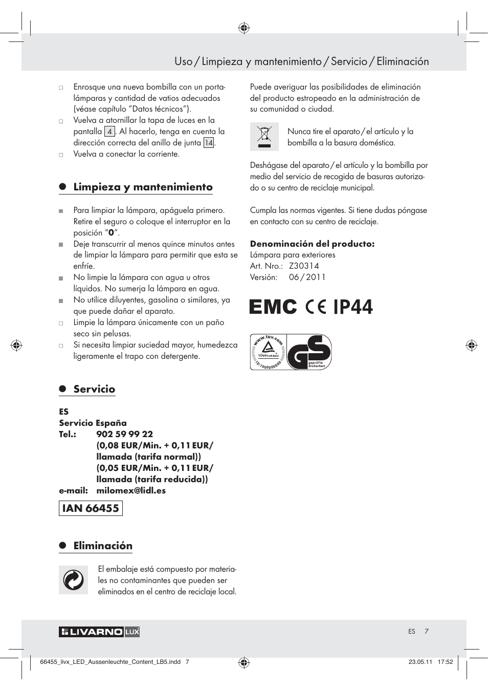 Limpieza y mantenimiento, Servicio, Eliminación | Livarno Z30314 User Manual | Page 5 / 29