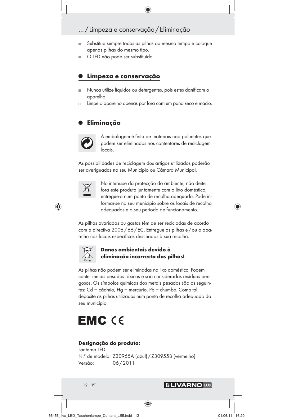 Limpeza e conservação / eliminação, Limpeza e conservação, Eliminação | Livarno Z30955 User Manual | Page 10 / 16