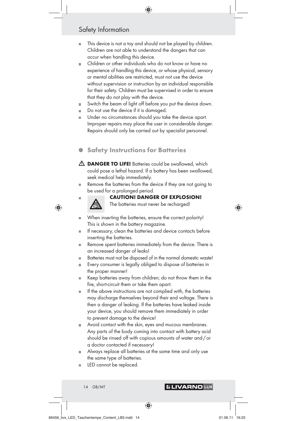 Safety information, Safety instructions for batteries | Livarno Z30955 User Manual | Page 12 / 16