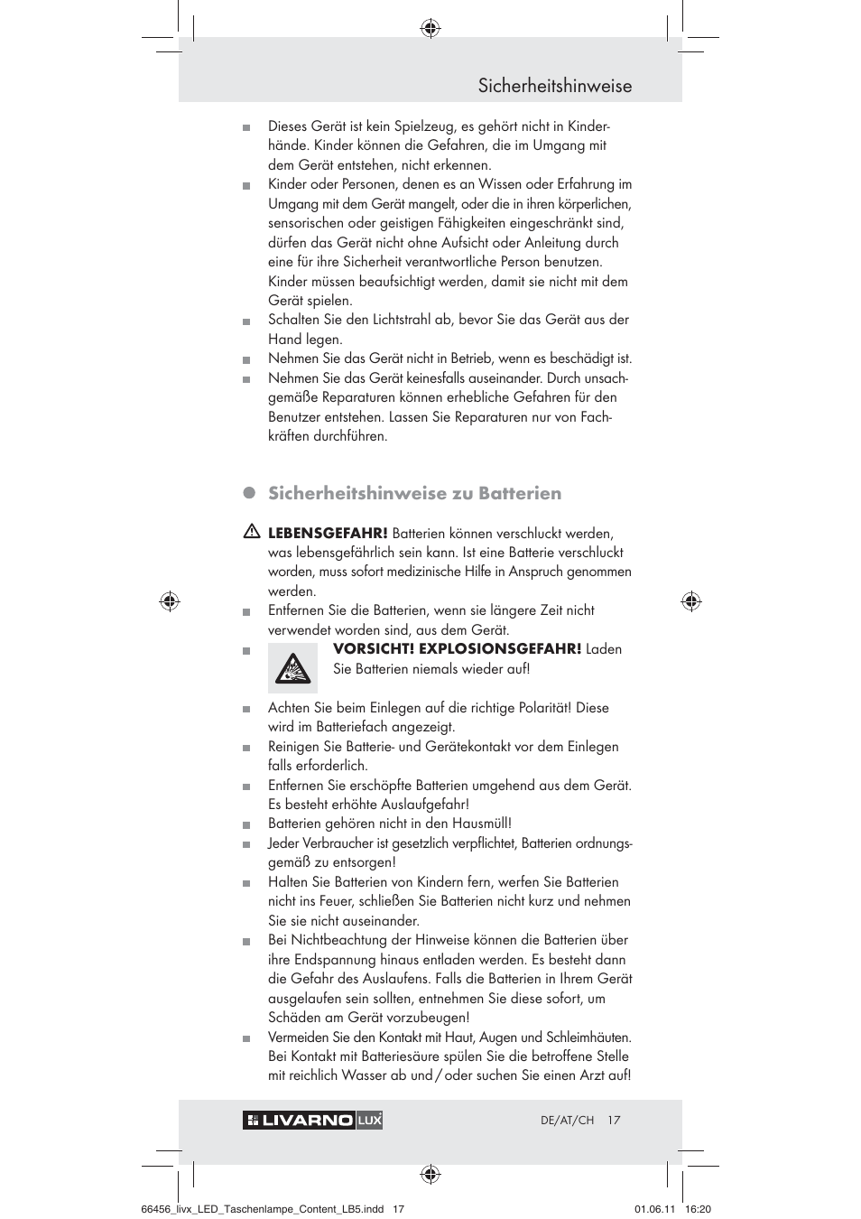 Sicherheitshinweise, Sicherheitshinweise zu batterien | Livarno Z30955 User Manual | Page 15 / 16