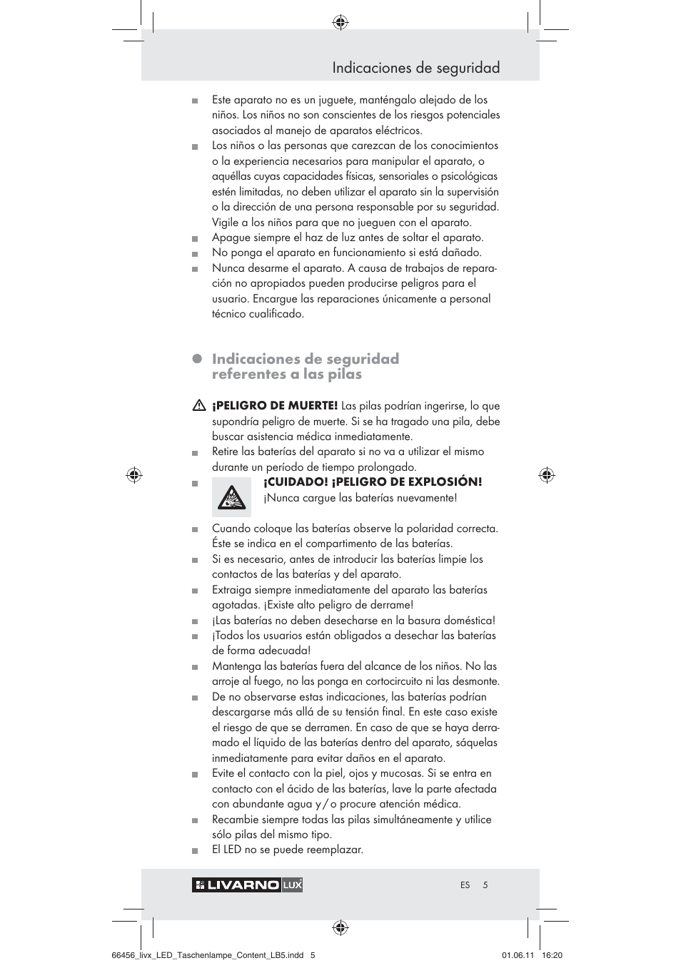 Indicaciones de seguridad, Indicaciones de seguridad referentes a las pilas | Livarno Z30955 User Manual | Page 3 / 16