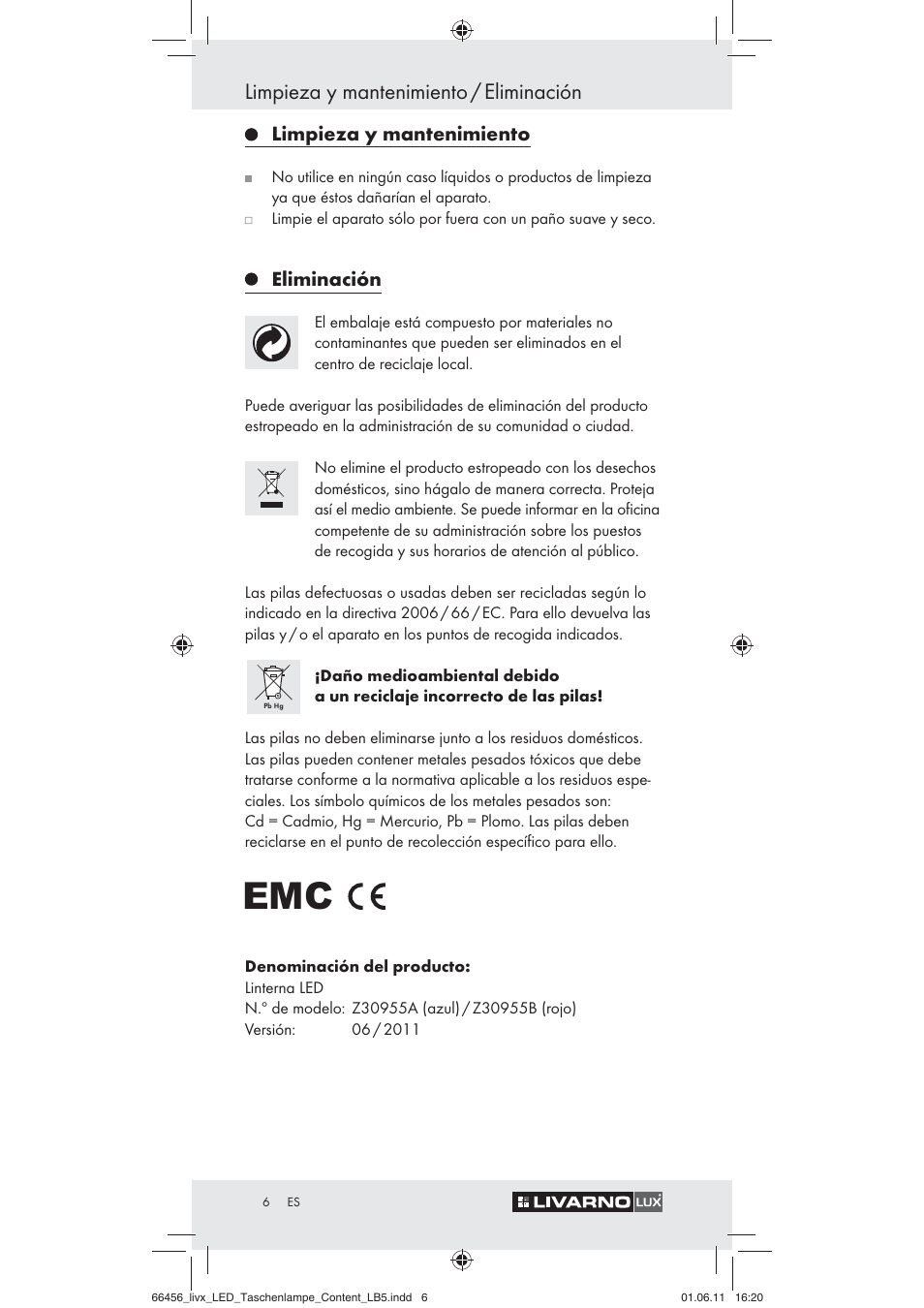 Limpieza y mantenimiento / eliminación, Limpieza y mantenimiento, Eliminación | Livarno Z30955 User Manual | Page 4 / 16