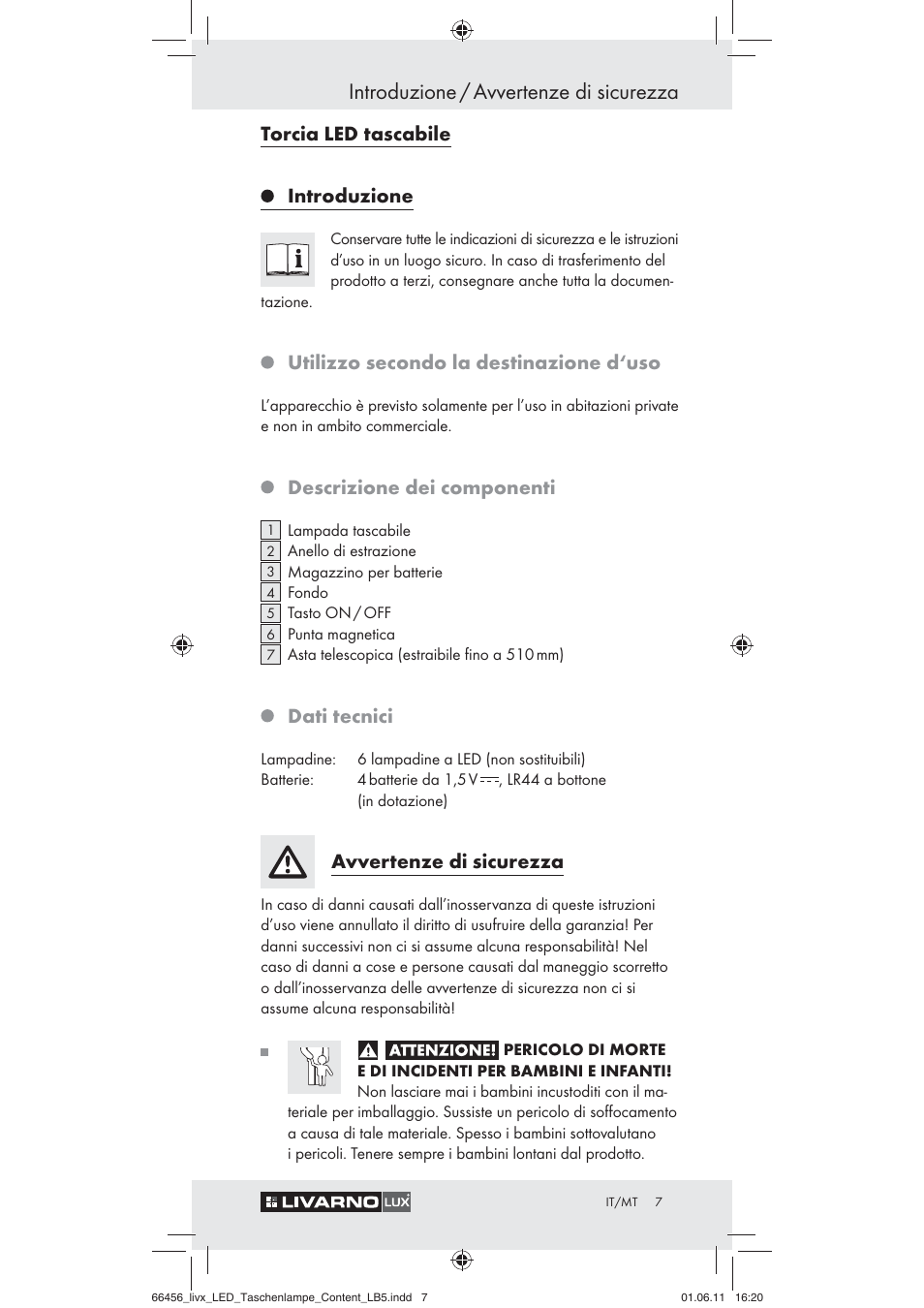 Introduzione / avvertenze di sicurezza, Torcia led tascabile introduzione, Utilizzo secondo la destinazione d‘uso | Descrizione dei componenti, Dati tecnici, Avvertenze di sicurezza | Livarno Z30955 User Manual | Page 5 / 16