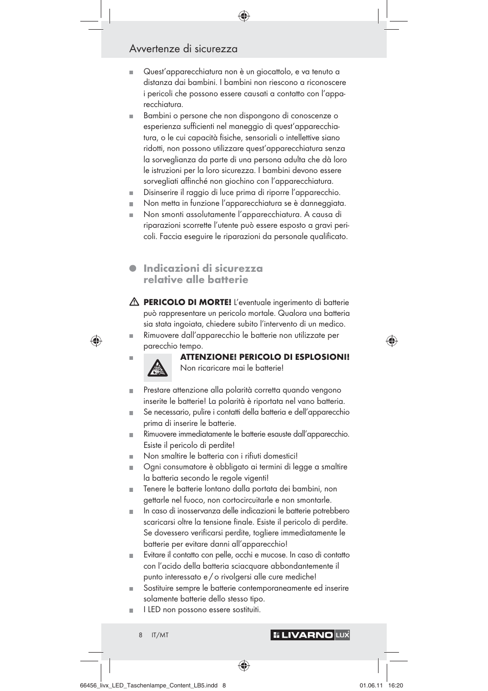 Avvertenze di sicurezza, Indicazioni di sicurezza relative alle batterie | Livarno Z30955 User Manual | Page 6 / 16