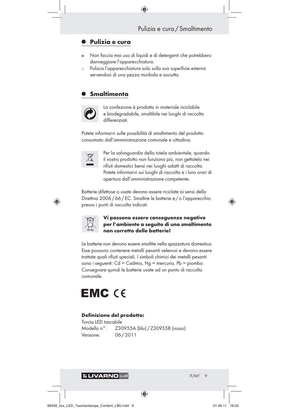 Pulizia e cura / smaltimento, Pulizia e cura, Smaltimento | Livarno Z30955 User Manual | Page 7 / 16