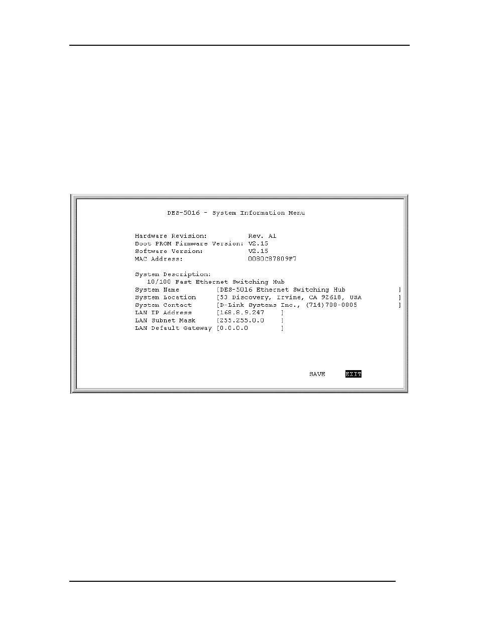 System information menu | D-Link DES-5016 User Manual | Page 49 / 96