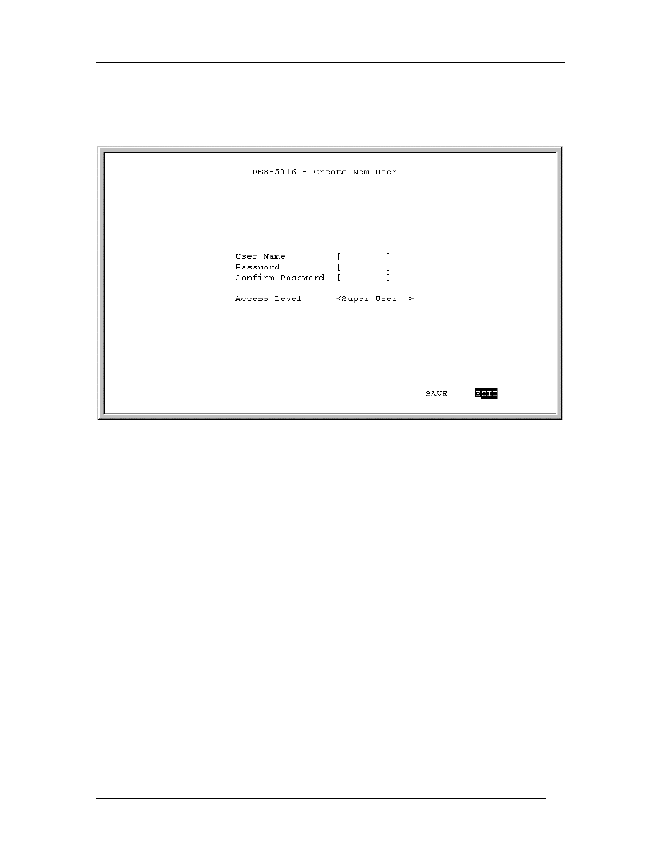 Create new user | D-Link DES-5016 User Manual | Page 60 / 96