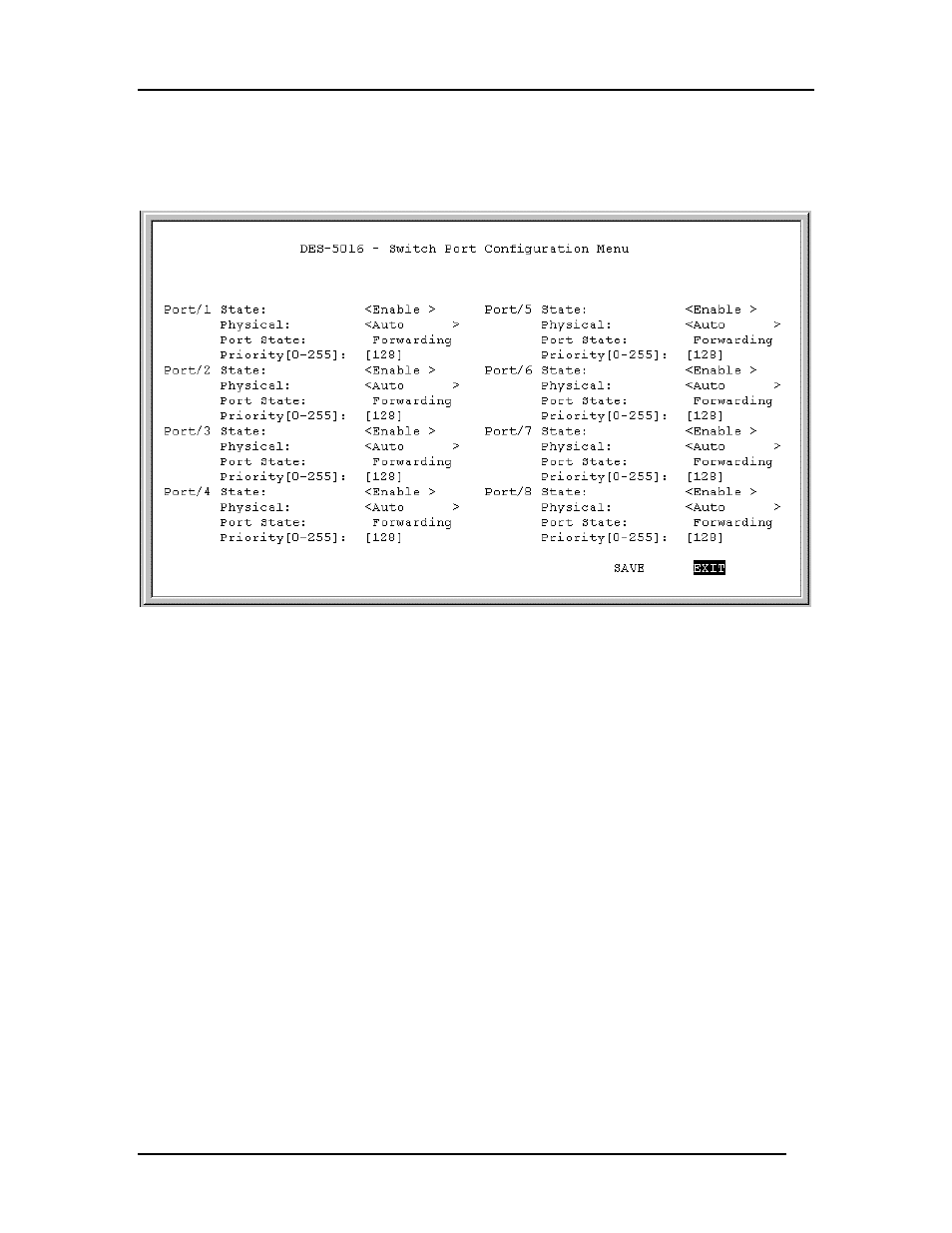 Switch port configuration menu | D-Link DES-5016 User Manual | Page 67 / 96