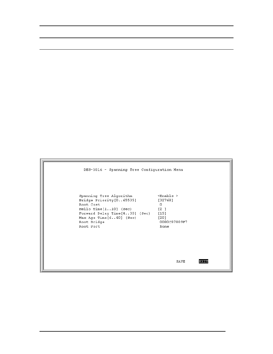 Spanning tree configuration, Sta operation levels, Spanning tree configuration menu | D-Link DES-5016 User Manual | Page 69 / 96