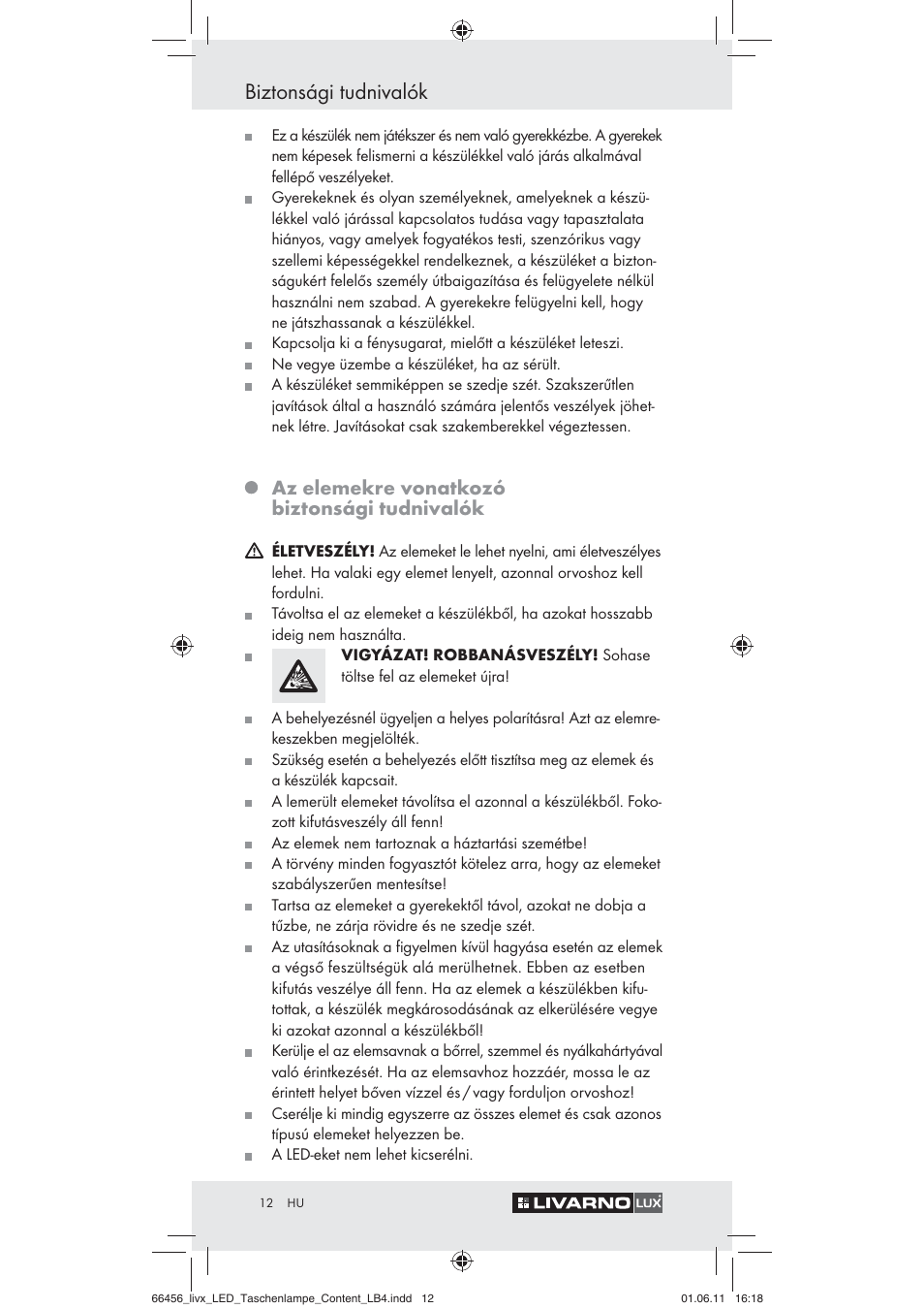 Biztonsági tudnivalók, Az elemekre vonatkozó biztonsági tudnivalók | Livarno Z30955 User Manual | Page 10 / 24