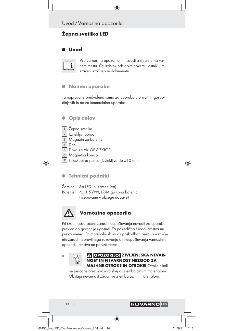 Uvod / varnostna opozorila, Žepna svetilka led uvod, Namen uporabe | Opis delov, Tehnični podatki, Varnostna opozorila | Livarno Z30955 User Manual | Page 12 / 24