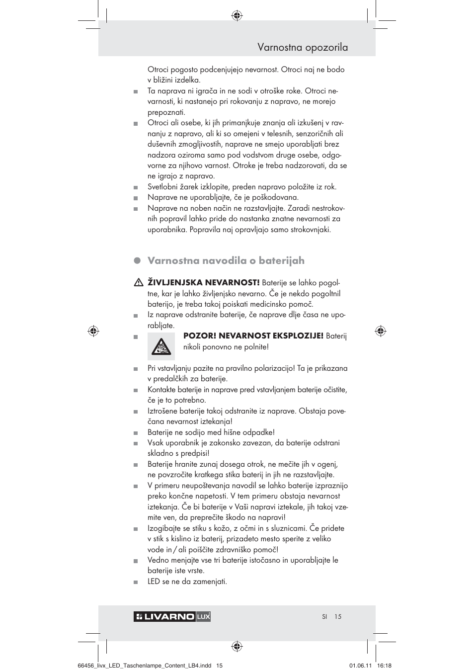 Varnostna opozorila, Varnostna navodila o baterijah | Livarno Z30955 User Manual | Page 13 / 24