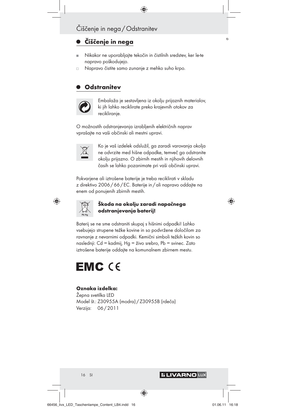 Čiščenje in nega / odstranitev, Čiščenje in nega, Odstranitev | Livarno Z30955 User Manual | Page 14 / 24