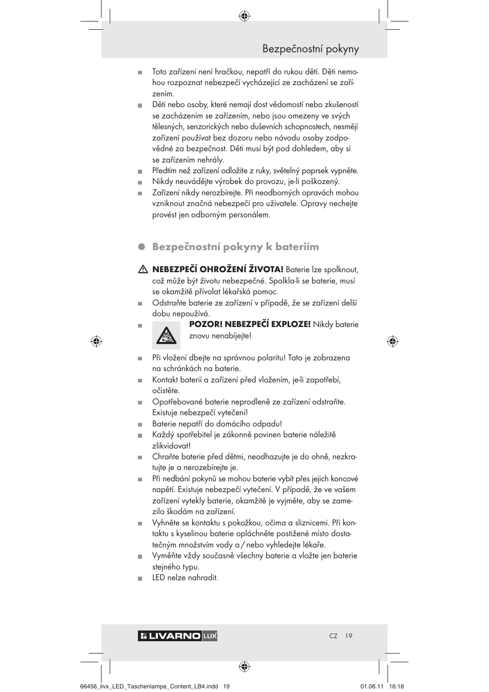 Bezpečnostní pokyny, Bezpečnostní pokyny k bateriím | Livarno Z30955 User Manual | Page 17 / 24