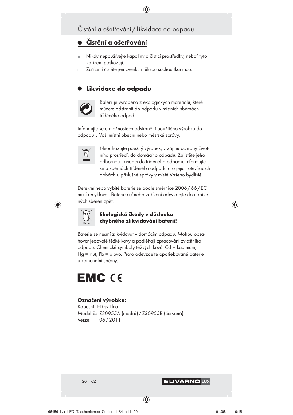 Čistění a ošetřování / likvidace do odpadu, Čistění a ošetřování, Likvidace do odpadu | Livarno Z30955 User Manual | Page 18 / 24