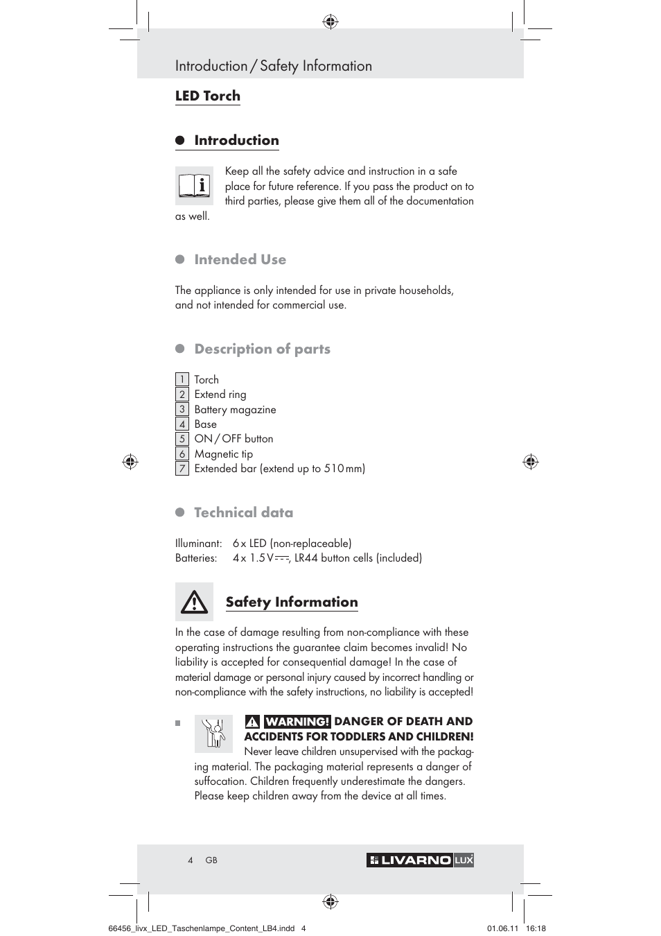 Introduction / safety information, Led torch introduction, Intended use | Description of parts, Technical data, Safety information | Livarno Z30955 User Manual | Page 2 / 24