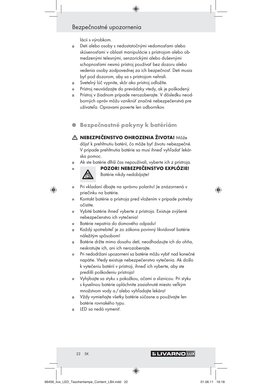 Bezpečnostné upozornenia, Bezpečnostné pokyny k batériám | Livarno Z30955 User Manual | Page 20 / 24