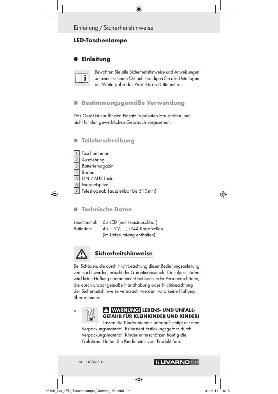 Einleitung / sicherheitshinweise, Led-taschenlampe einleitung, Bestimmungsgemäße verwendung | Teilebeschreibung, Technische daten, Sicherheitshinweise | Livarno Z30955 User Manual | Page 22 / 24