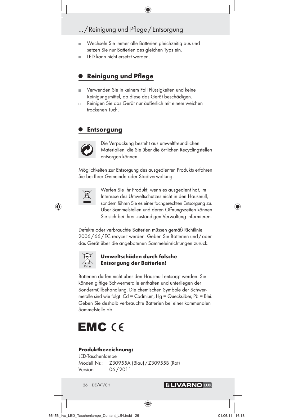 Reinigung und pflege / entsorgung, Reinigung und pﬂege, Entsorgung | Livarno Z30955 User Manual | Page 24 / 24