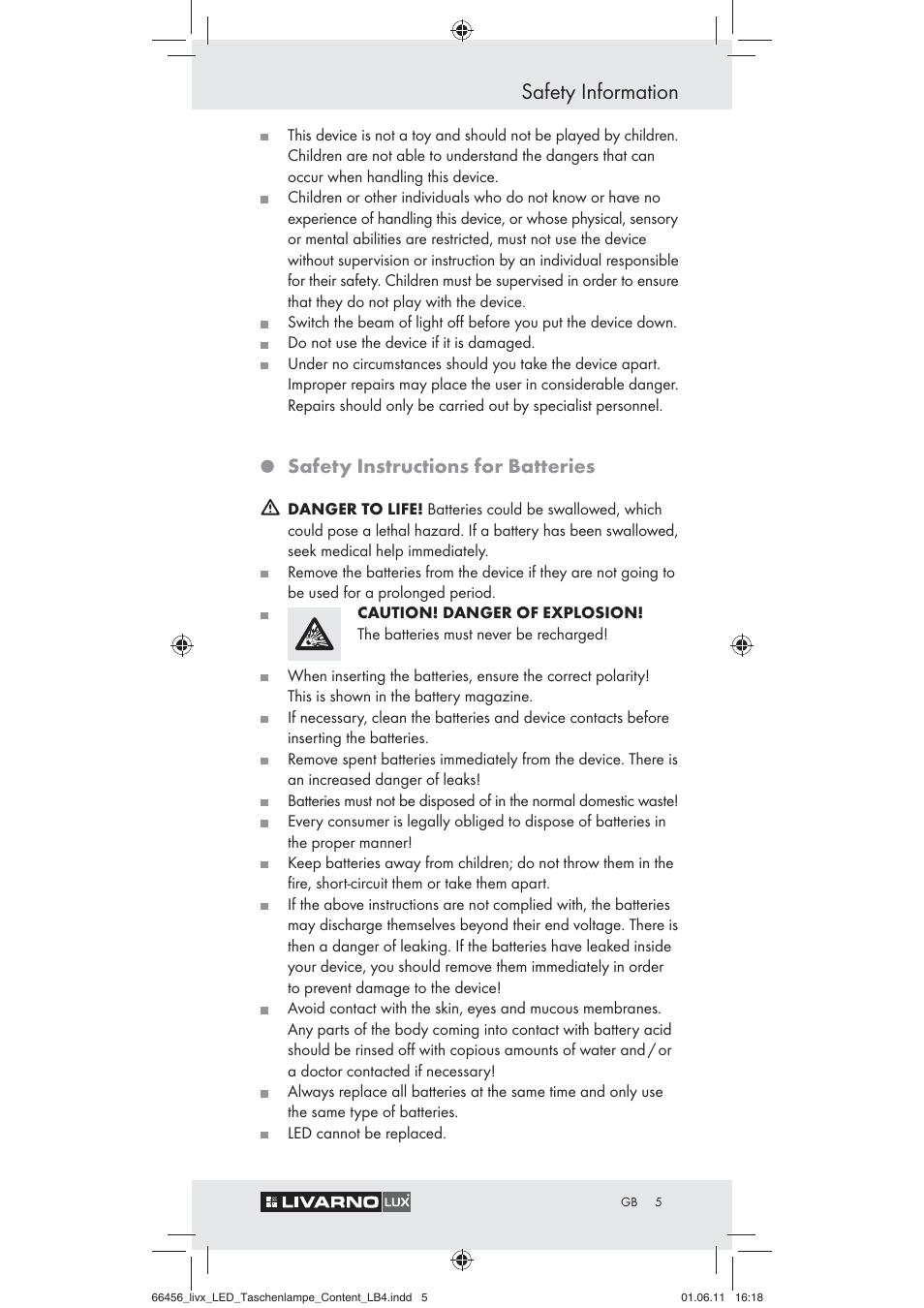 Safety information, Safety instructions for batteries | Livarno Z30955 User Manual | Page 3 / 24