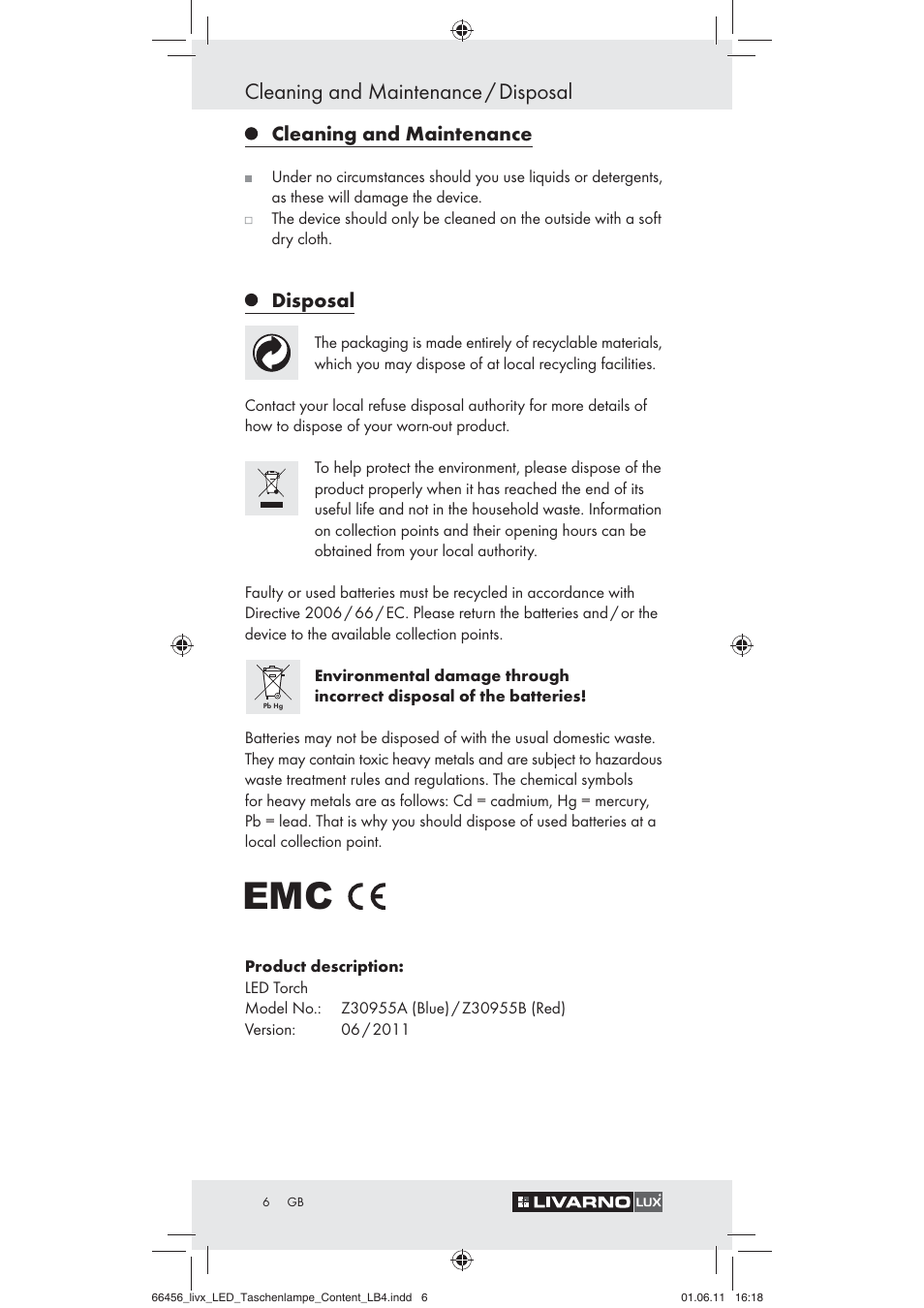 Cleaning and maintenance / disposal | Livarno Z30955 User Manual | Page 4 / 24