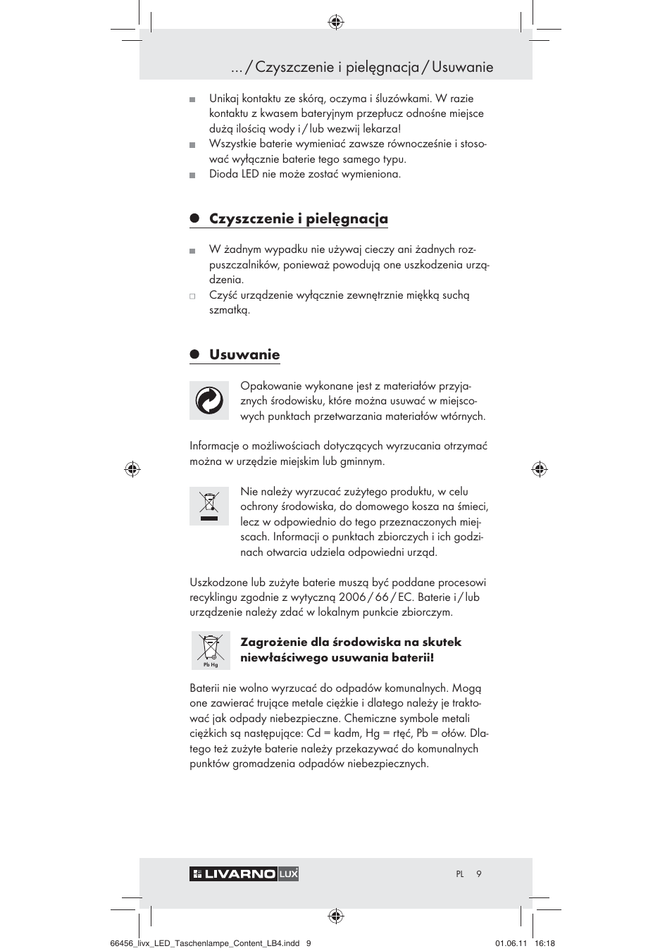 Czyszczenie i pielęgnacja / usuwanie, Czyszczenie i pielęgnacja, Usuwanie | Livarno Z30955 User Manual | Page 7 / 24