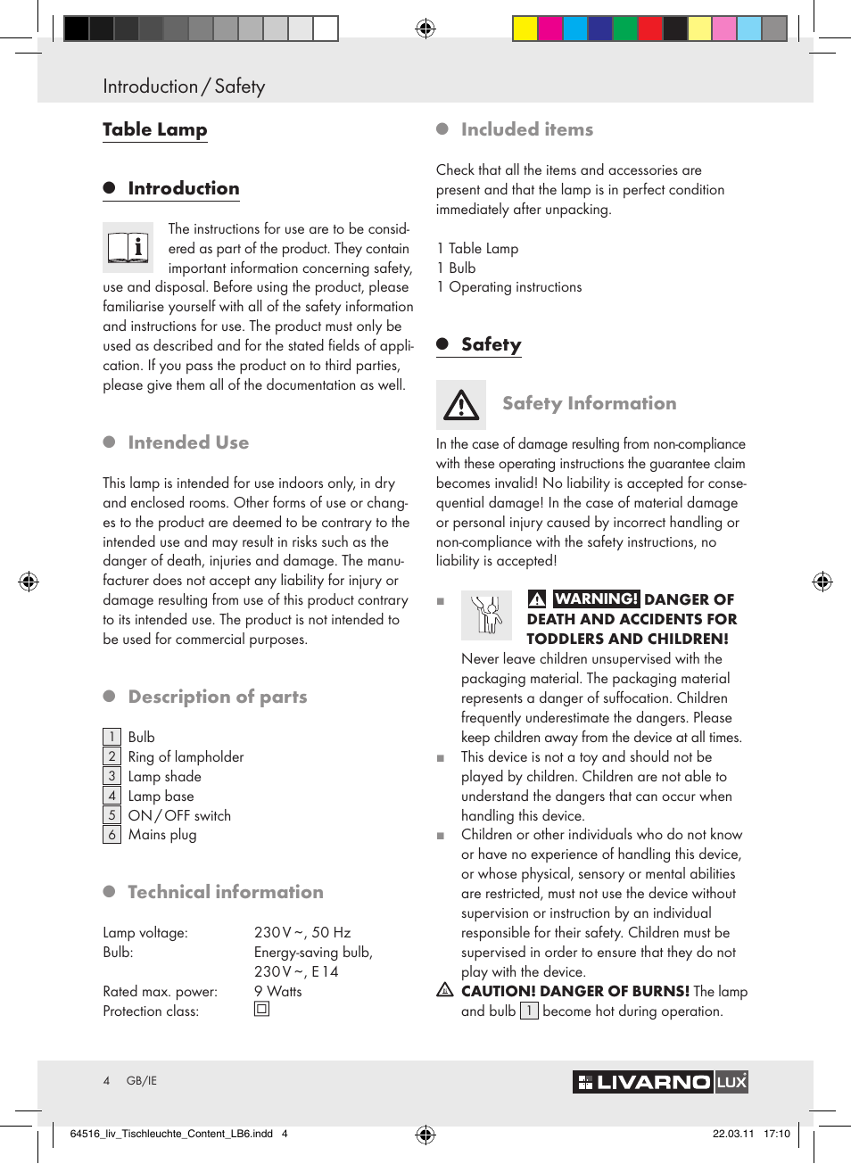 Introduction / safety, Table lamp, Introduction | Intended use, Description of parts, Technical information, Included items, Safety safety information | Livarno Z30773-BS User Manual | Page 2 / 4