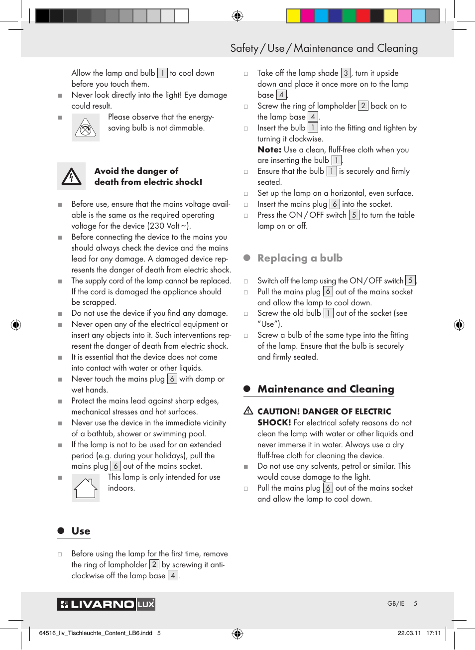 Safety / use / maintenance and cleaning, Replacing a bulb, Maintenance and cleaning | Livarno Z30773-BS User Manual | Page 3 / 4