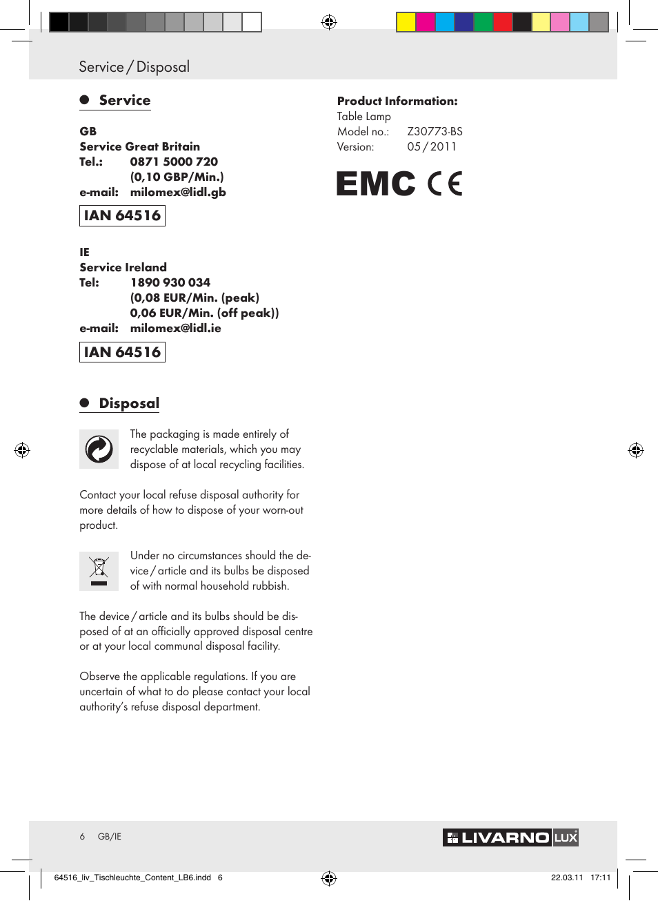 Service / disposal | Livarno Z30773-BS User Manual | Page 4 / 4