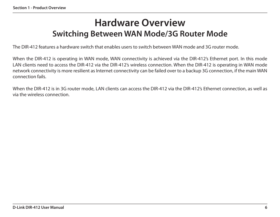 Switching between wan mode/3g router mode, Hardware overview | D-Link DIR-412 User Manual | Page 10 / 113