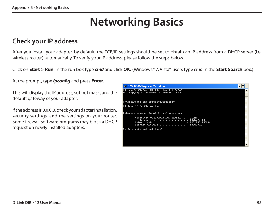 Networking basics, Check your ip address | D-Link DIR-412 User Manual | Page 102 / 113