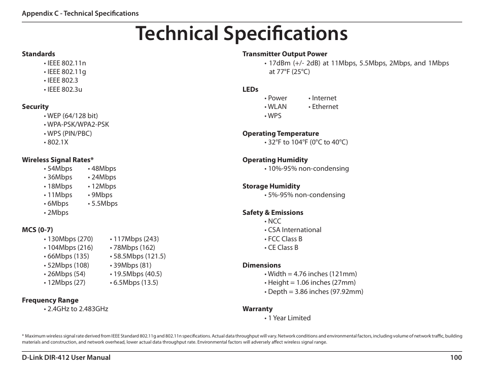 Technical specifications | D-Link DIR-412 User Manual | Page 104 / 113