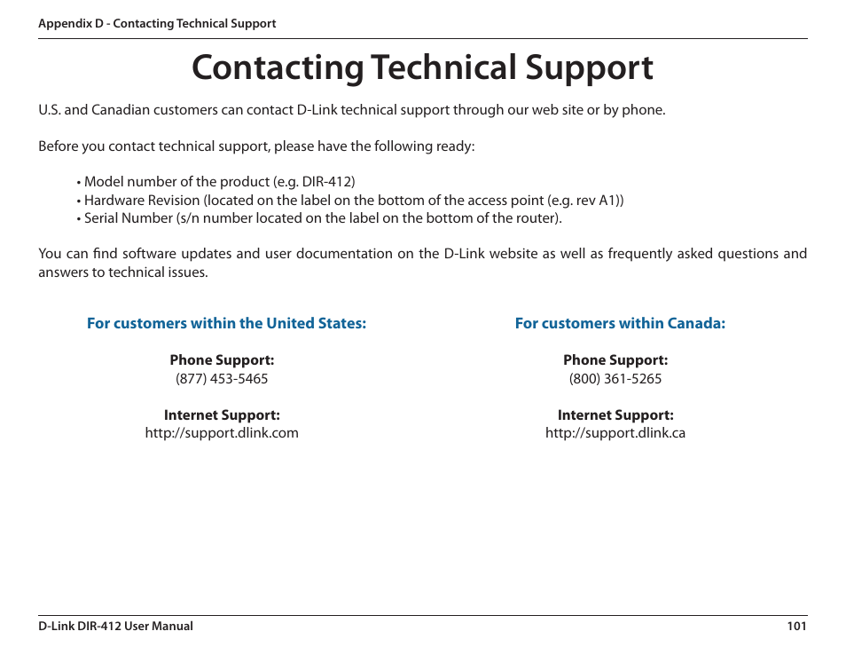 Contacting technical support | D-Link DIR-412 User Manual | Page 105 / 113