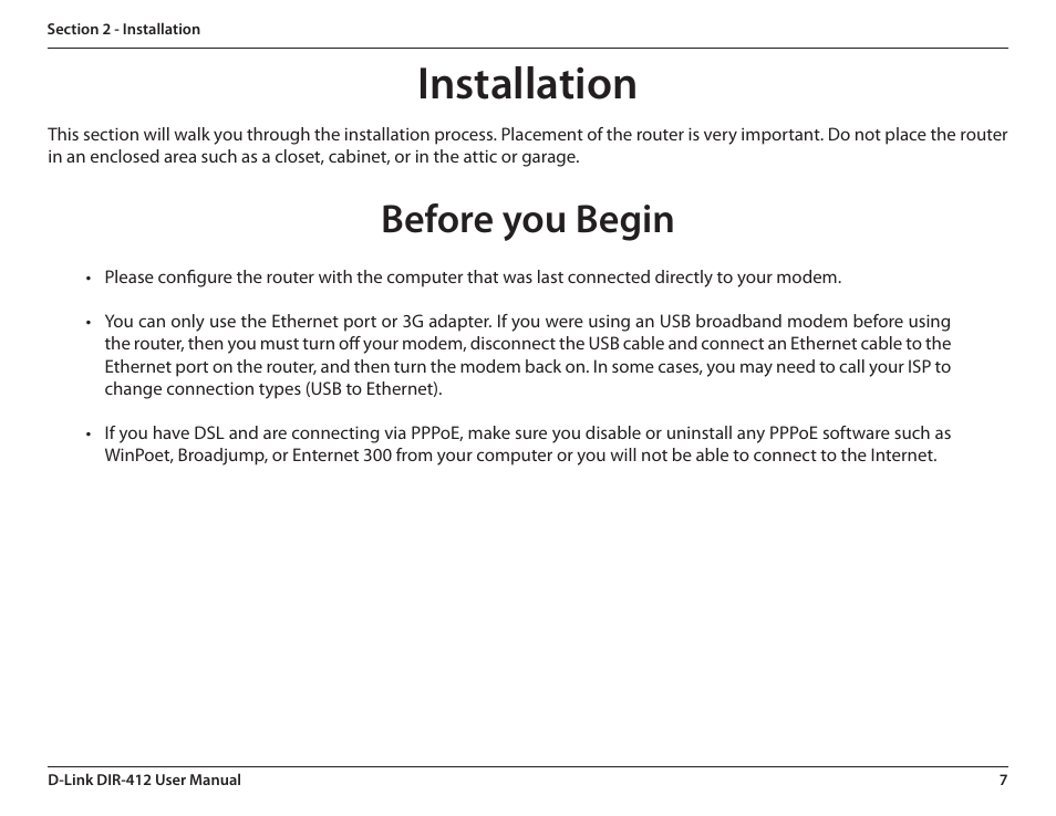 Installation, Before you begin | D-Link DIR-412 User Manual | Page 11 / 113