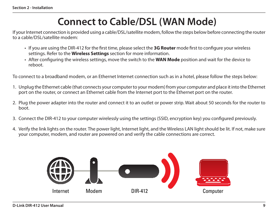 Connect to cable/dsl (wan mode) | D-Link DIR-412 User Manual | Page 13 / 113