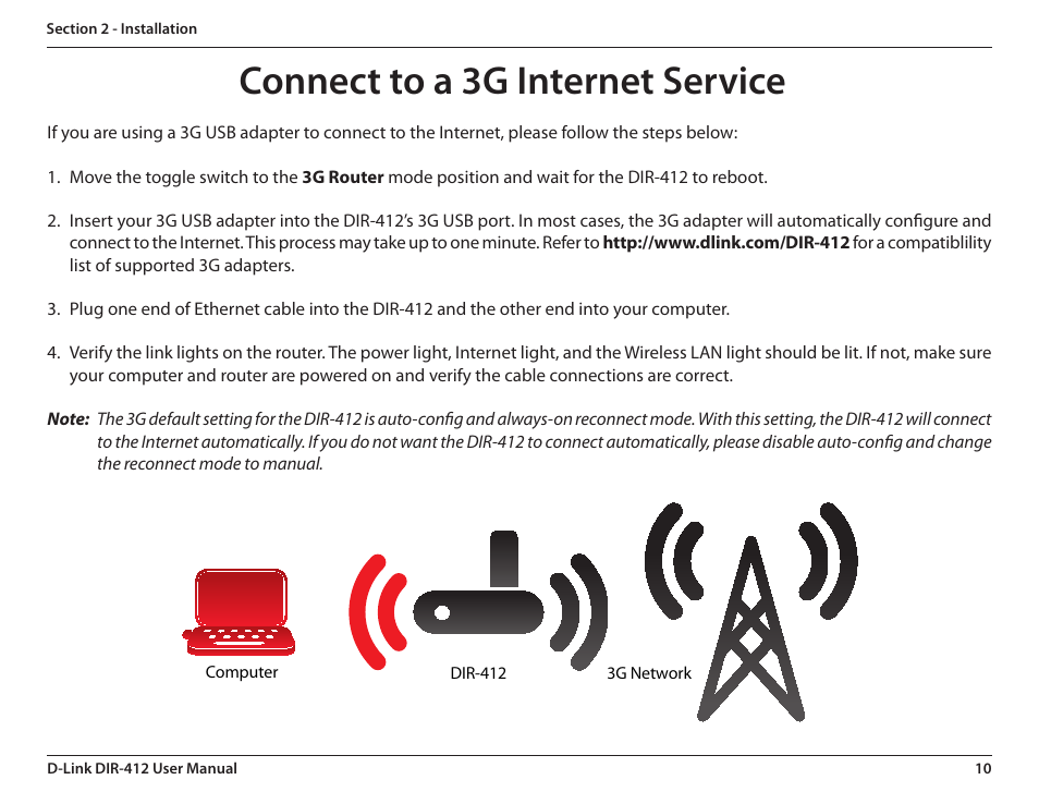 Connect to a 3g internet service | D-Link DIR-412 User Manual | Page 14 / 113