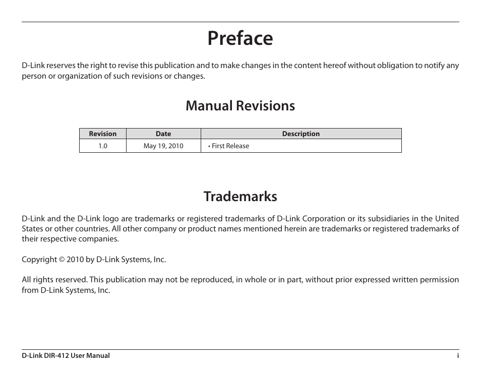 Preface, Manual revisions, Trademarks | Manual revisions trademarks | D-Link DIR-412 User Manual | Page 2 / 113