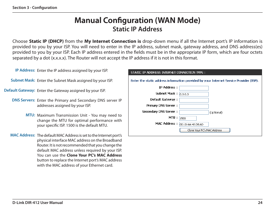 Static ip address, Manual configuration (wan mode) | D-Link DIR-412 User Manual | Page 28 / 113