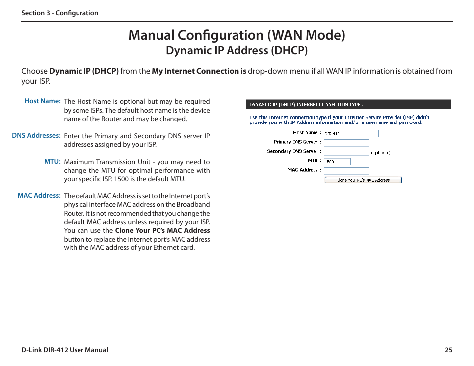 Dynamic ip address (dhcp), Manual configuration (wan mode) | D-Link DIR-412 User Manual | Page 29 / 113