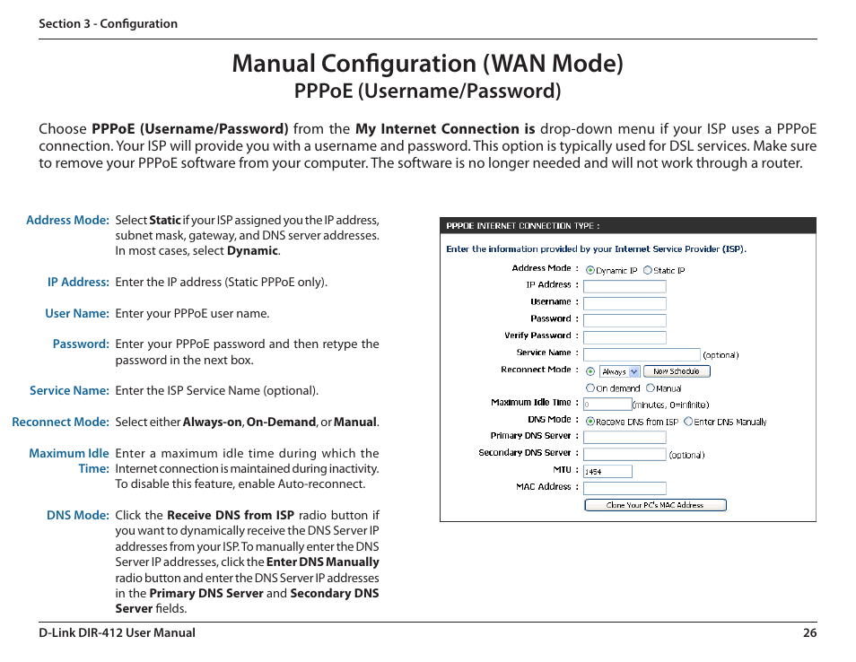 Pppoe (username/password), Manual configuration (wan mode) | D-Link DIR-412 User Manual | Page 30 / 113