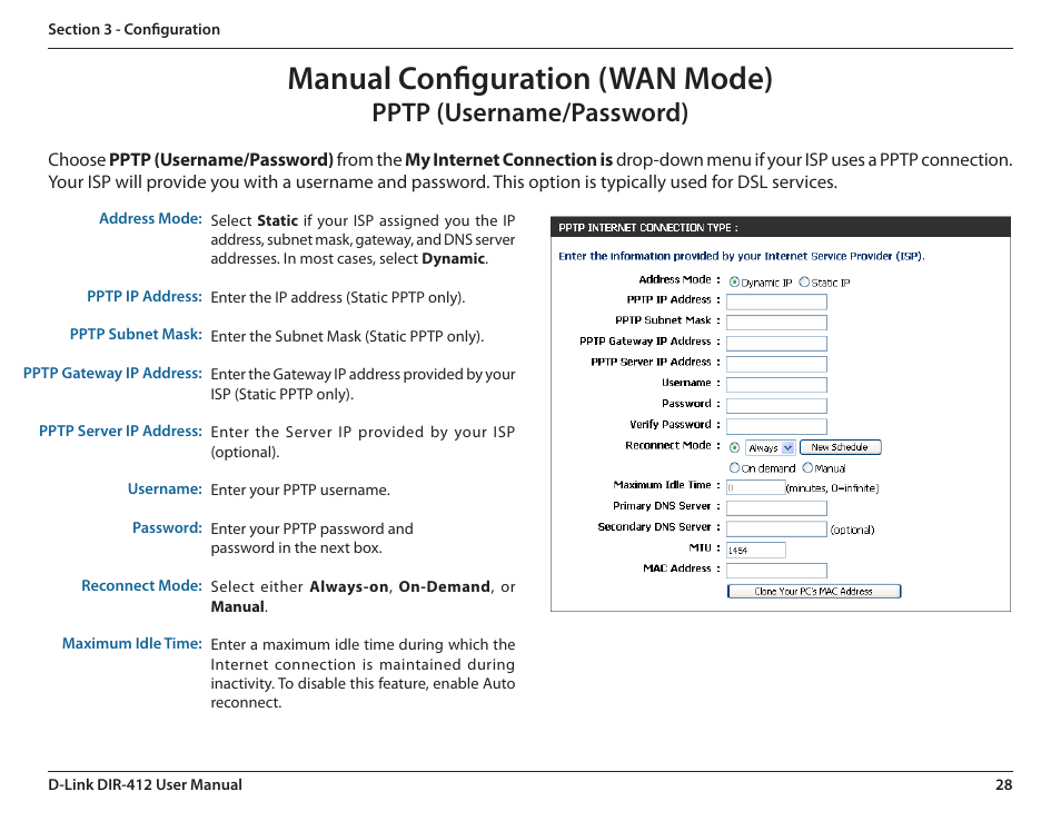 Pptp (username/password), Manual configuration (wan mode) | D-Link DIR-412 User Manual | Page 32 / 113