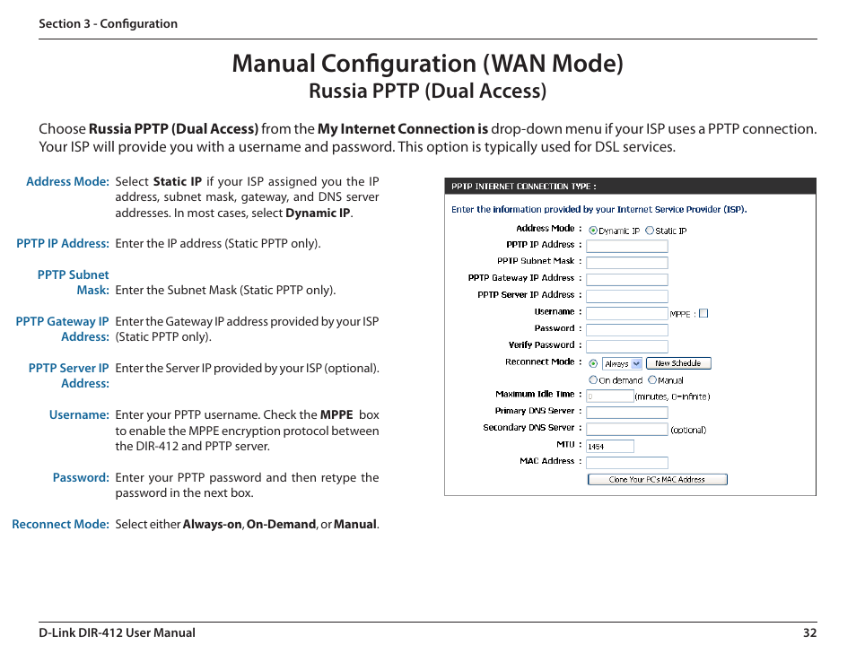 Russia pptp (dual access), Manual configuration (wan mode) | D-Link DIR-412 User Manual | Page 36 / 113